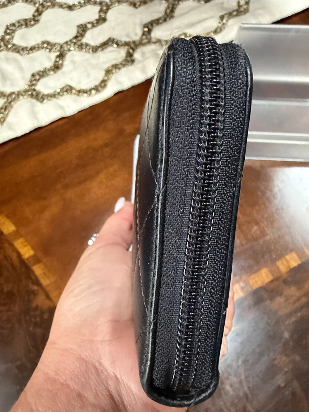 CHANEL Black Quilted Zip Wallet with Silver CC Patch